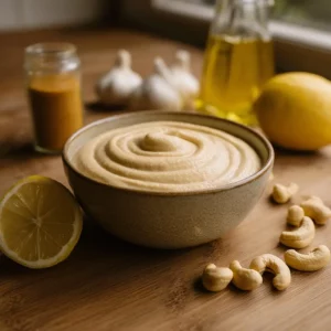 Homemade Mannacote in a bowl surrounded by raw cashews, lemon, and garlic