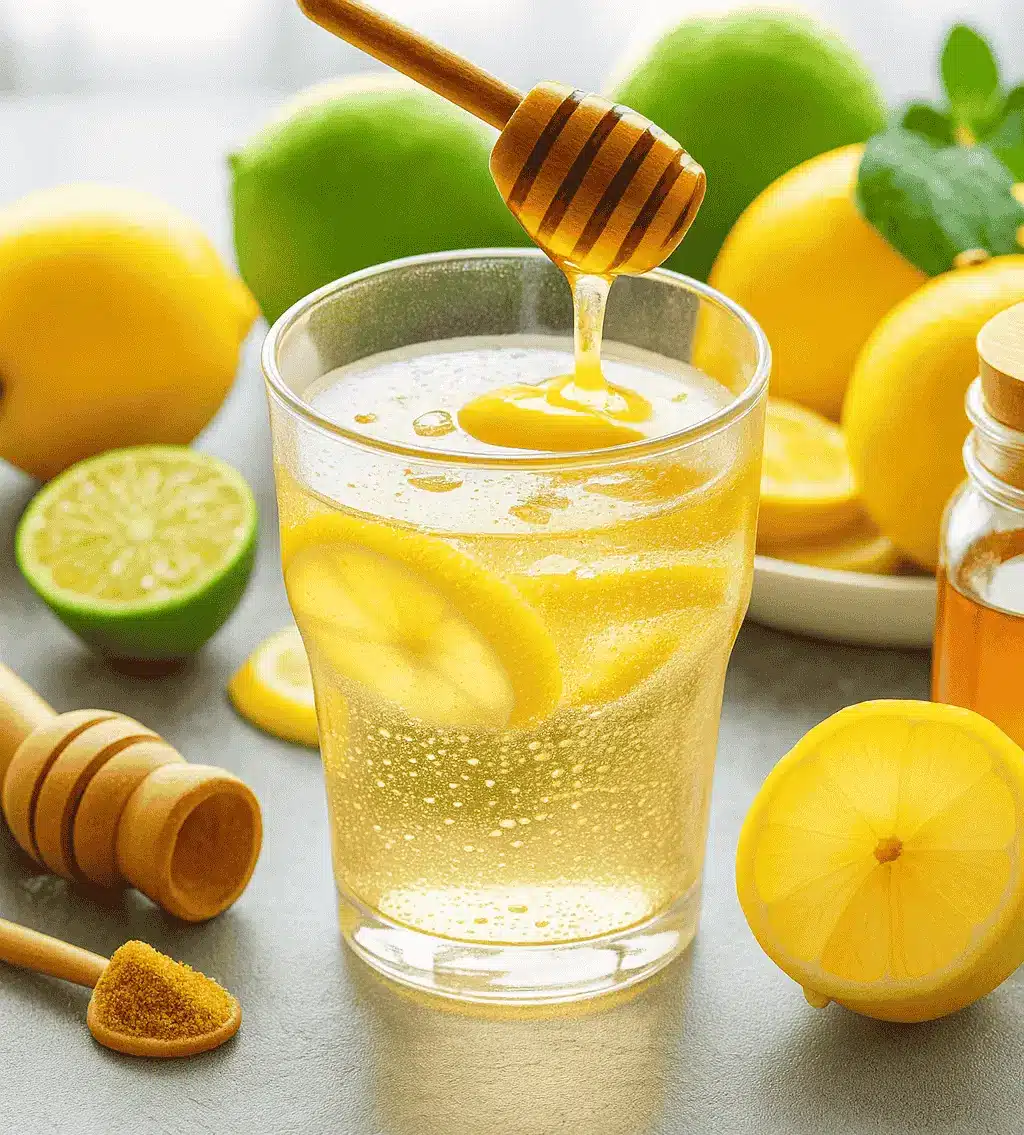 Glass of detox drink with lemon and ginger next to apple cider vinegar, showcasing the Natural Mounjaro Recipe on a wooden table