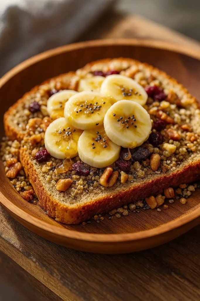 A beautifully styled slice of Toastul topped with banana, nuts, and seeds—perfect for a balanced, energizing morning.