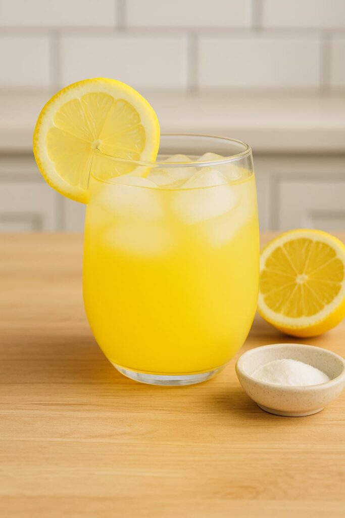 Glass of yellow cortisol cocktail with ice and lemon slice, sitting on a wooden kitchen counter with sea salt and lemon nearby.