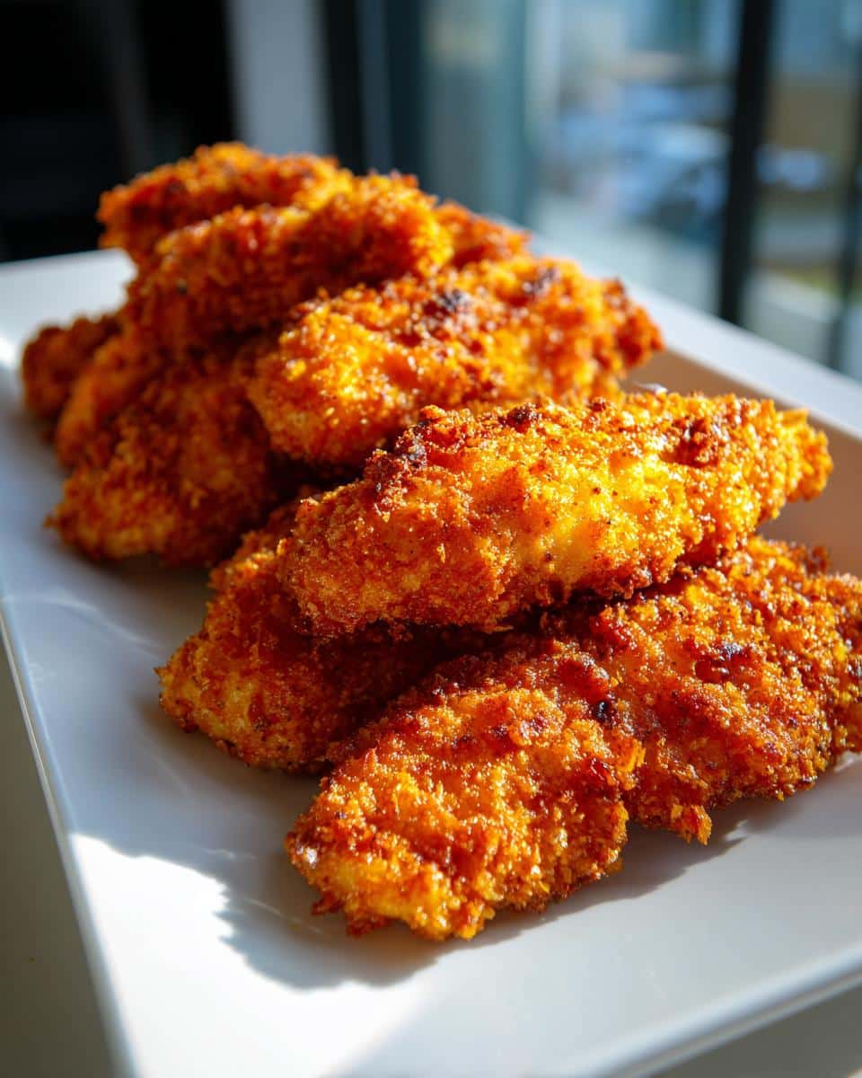 A pile of golden-brown, crispy Air Fryer Chicken Tenders on a white plate, ready to be served.