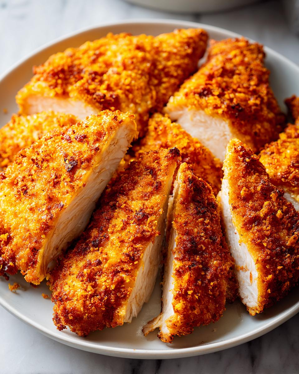 Close-up of golden-brown, crispy Air Fryer Chicken Tenders sliced on a plate.
