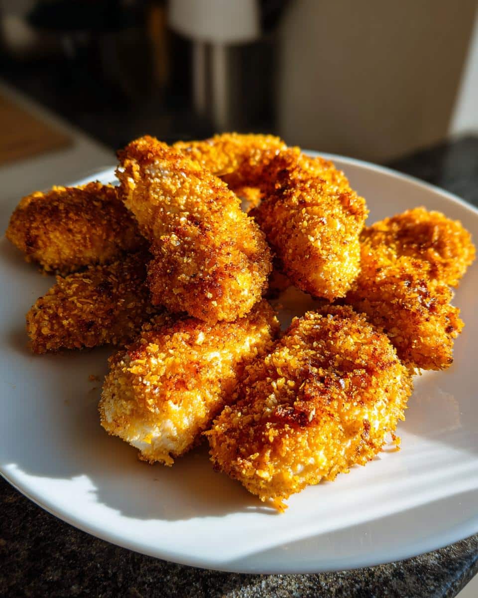 A pile of golden-brown, crispy Air Fryer Chicken Tenders on a white plate, bathed in sunlight.