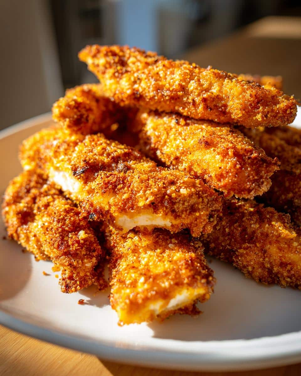 A close-up shot of a pile of golden-brown, crispy Air Fryer Chicken Tenders on a white plate.