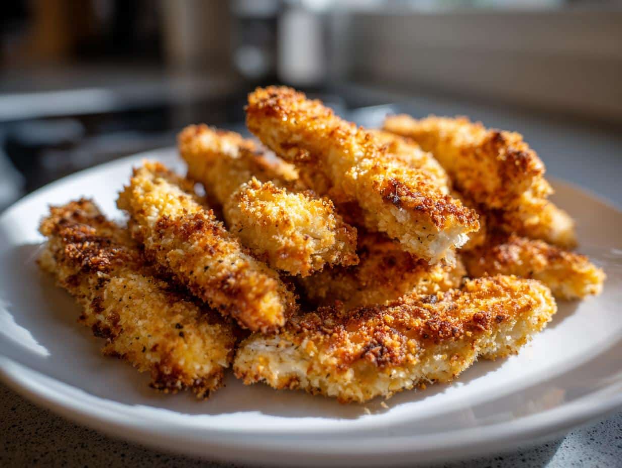 A plate full of golden brown, crispy air fryer chicken tenders, ready to be enjoyed.