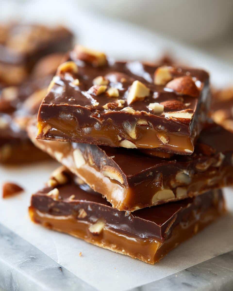 Easy 5-Ingredient Almond Roca That Will Wow Everyone 3 Close-up of stacked Almond Roca pieces, showing layers of chocolate, caramel, and chopped almonds.