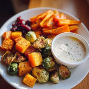 Simple Autumn Veggies with Cranberry Dip Recipe 6 A plate of roasted Autumn Veggies with Cranberry Dip, featuring butternut squash, Brussels sprouts, and carrots, served with a creamy dip.