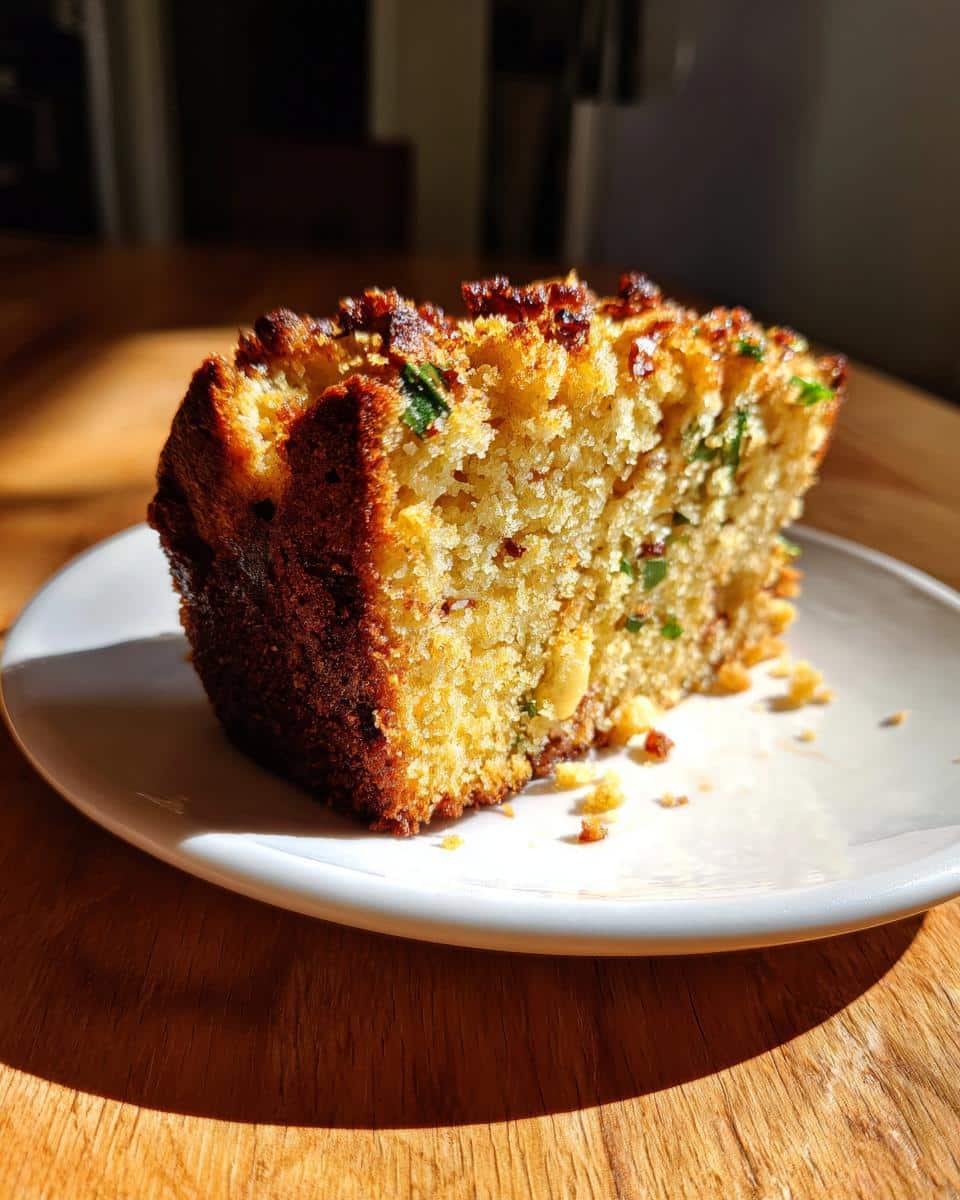 A slice of golden-brown Bacon Scallion Cornbread on a white plate, with visible pieces of bacon and scallions.