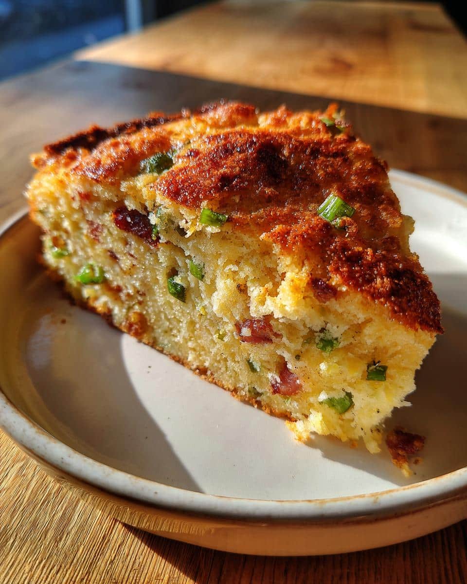 A close-up of a golden-brown slice of Bacon Scallion Cornbread on a plate, showing visible pieces of bacon and scallions.