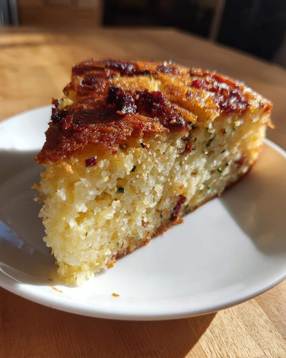A close-up of a moist slice of Bacon Scallion Cornbread on a white plate, showing crispy bacon bits and green scallions.