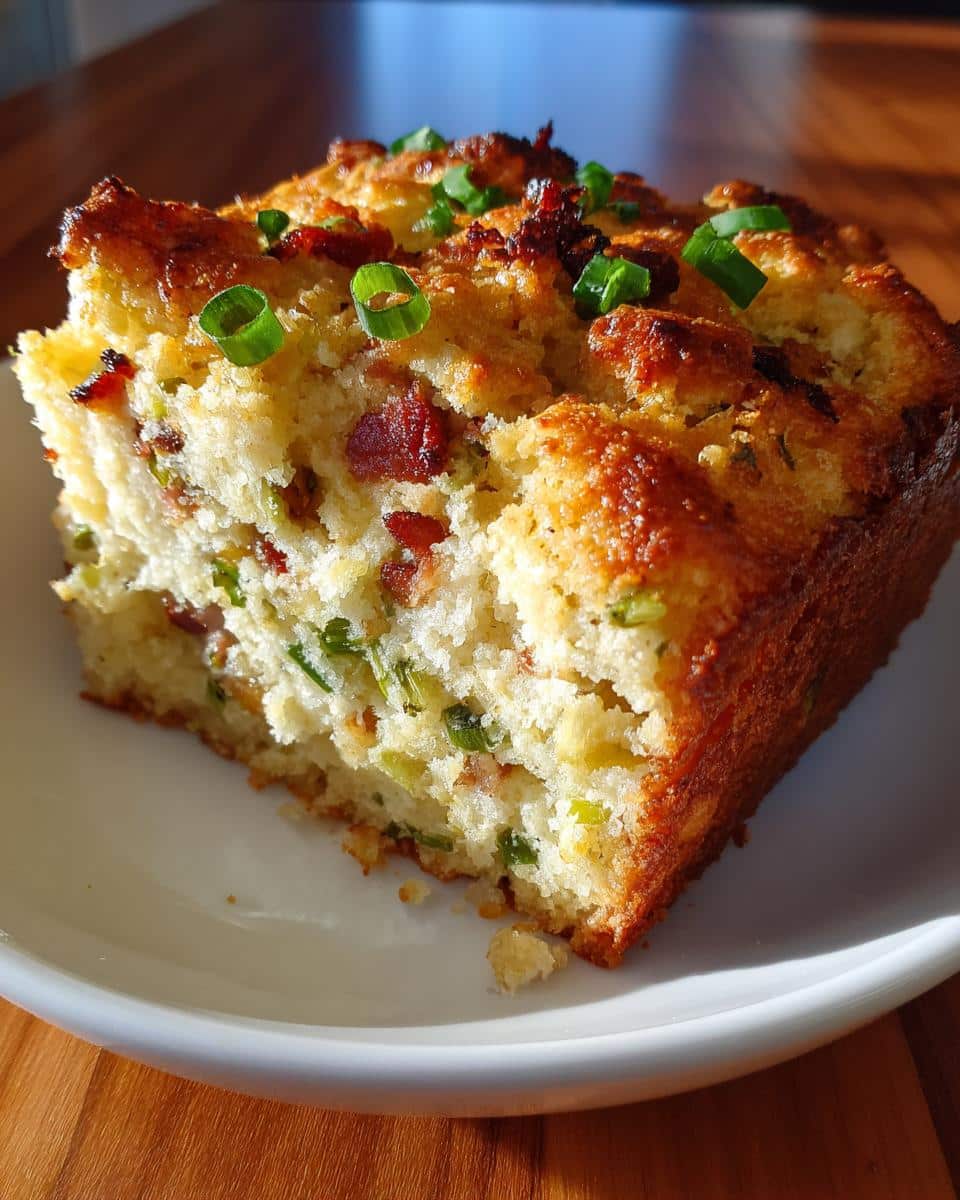 A close-up of a slice of Bacon Scallion Cornbread, topped with chopped green onions and crispy bacon bits.