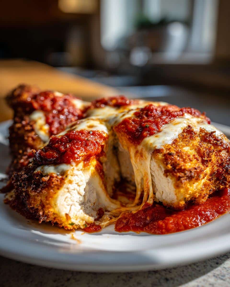 Close-up of baked chicken parmesan with melted mozzarella cheese and marinara sauce.
