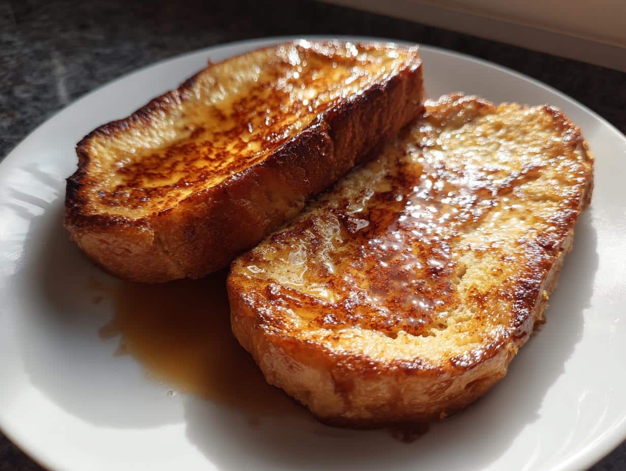Two golden-brown slices of Banana Bread French Toast drizzled with syrup on a white plate.
