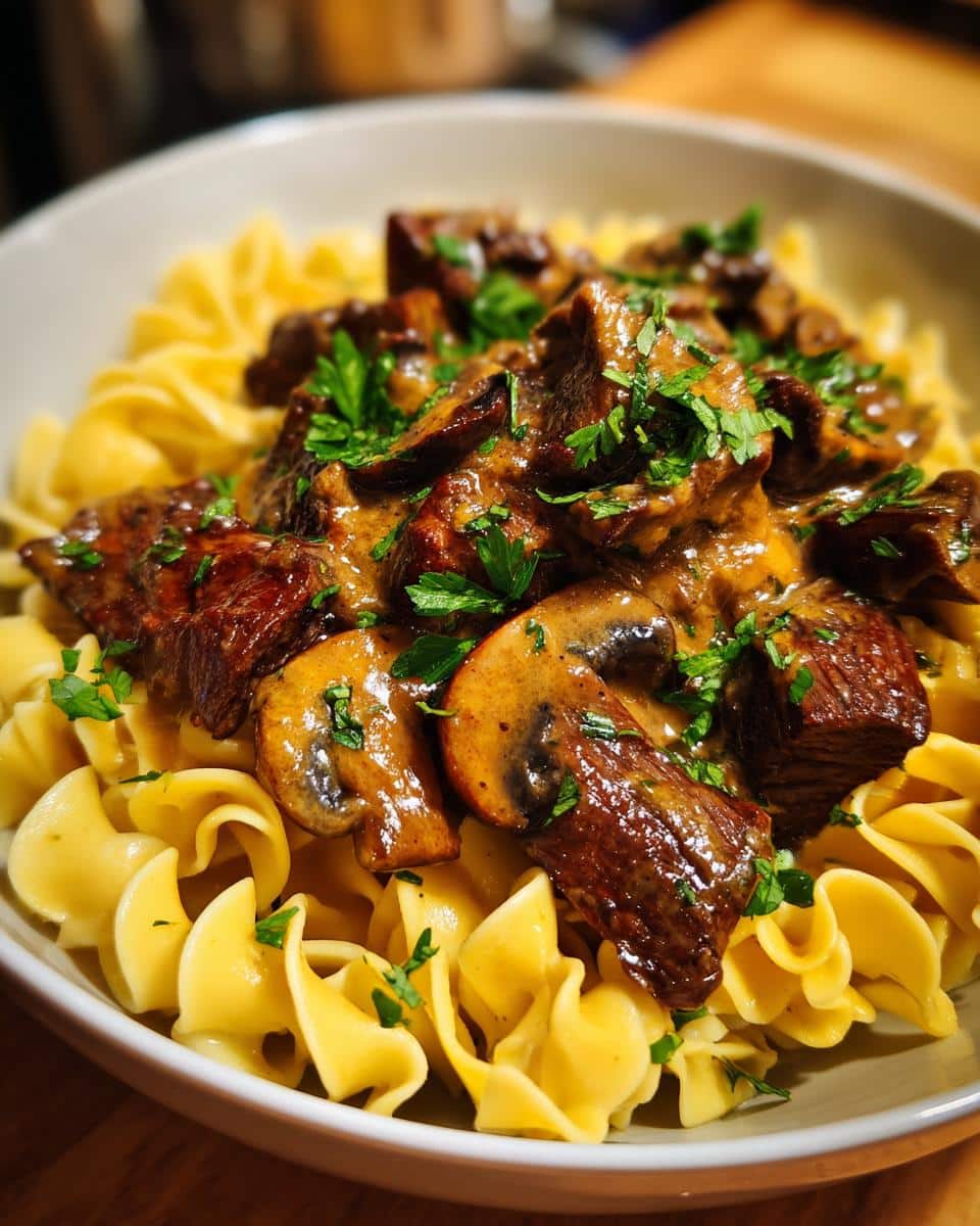 A close-up of a bowl of Beef and Mushroom Stroganoff served over wide egg noodles, garnished with fresh parsley.