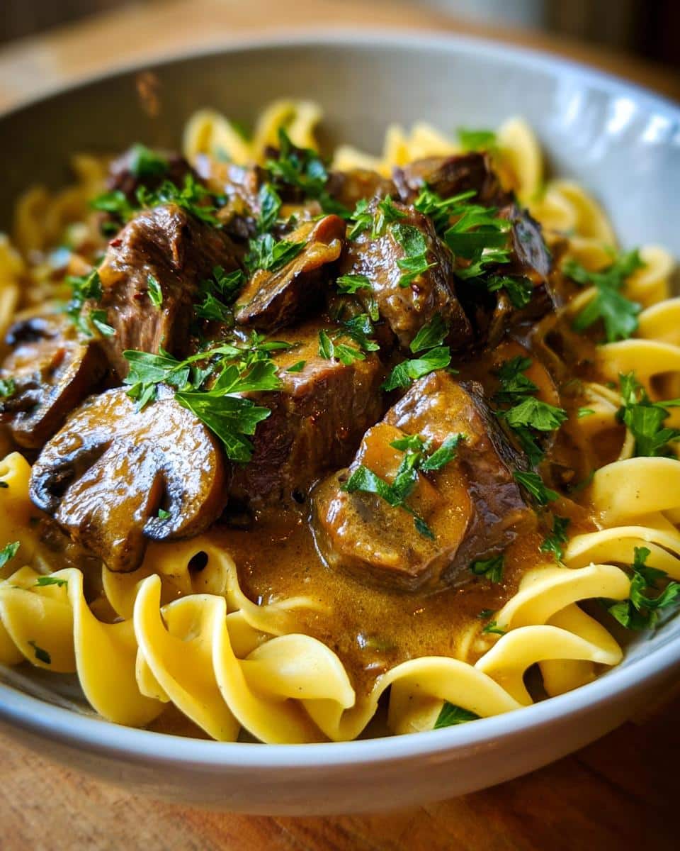 Close-up of a bowl of Beef and Mushroom Stroganoff served over egg noodles, garnished with fresh parsley.