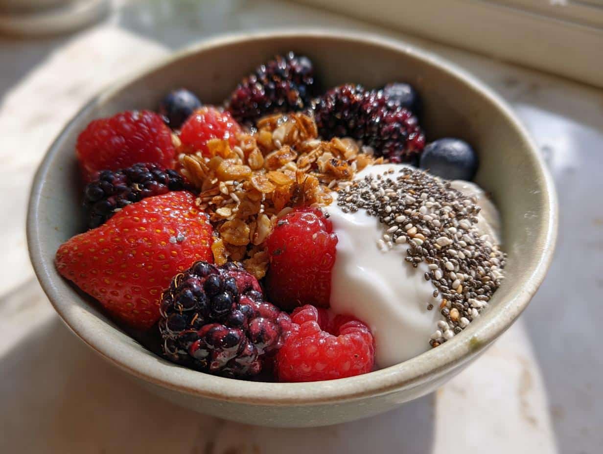 A close-up of a Black Cat Berry Bowl filled with fresh berries, granola, yogurt, and chia seeds.