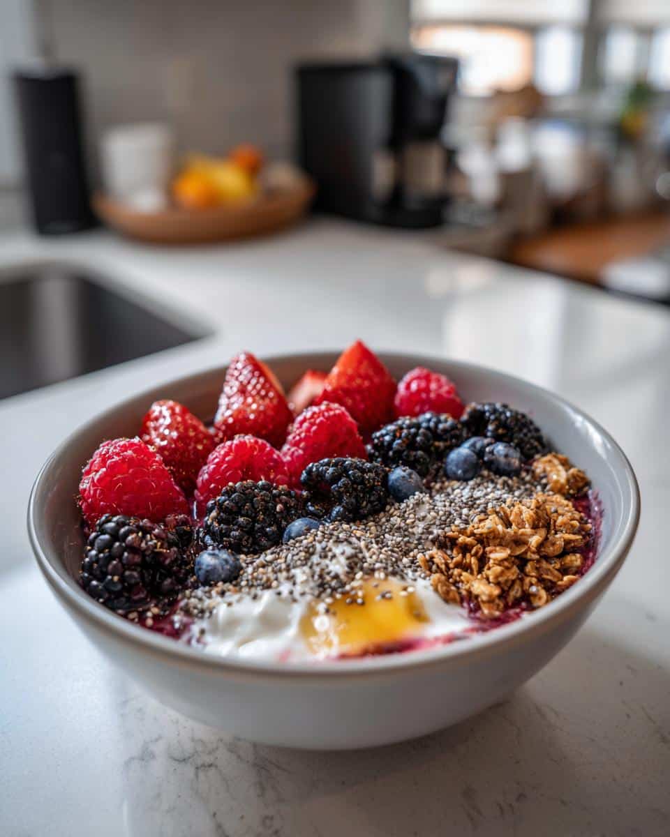 A close-up of a Black Cat Berry Bowl filled with yogurt, fresh berries, chia seeds, and granola.