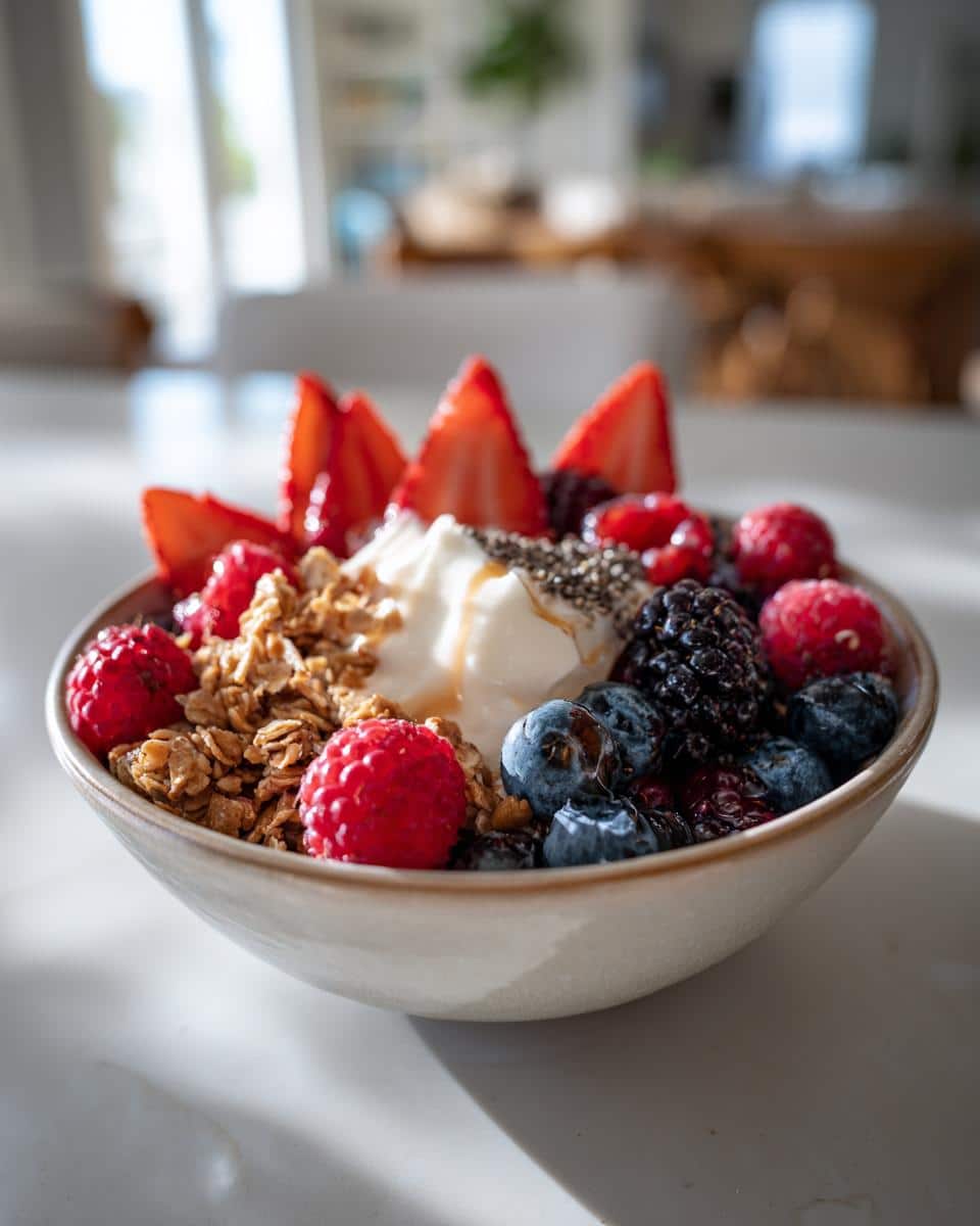 A close-up of a Black Cat Berry Bowl filled with yogurt, granola, fresh strawberries, raspberries, blueberries, and blackberries.