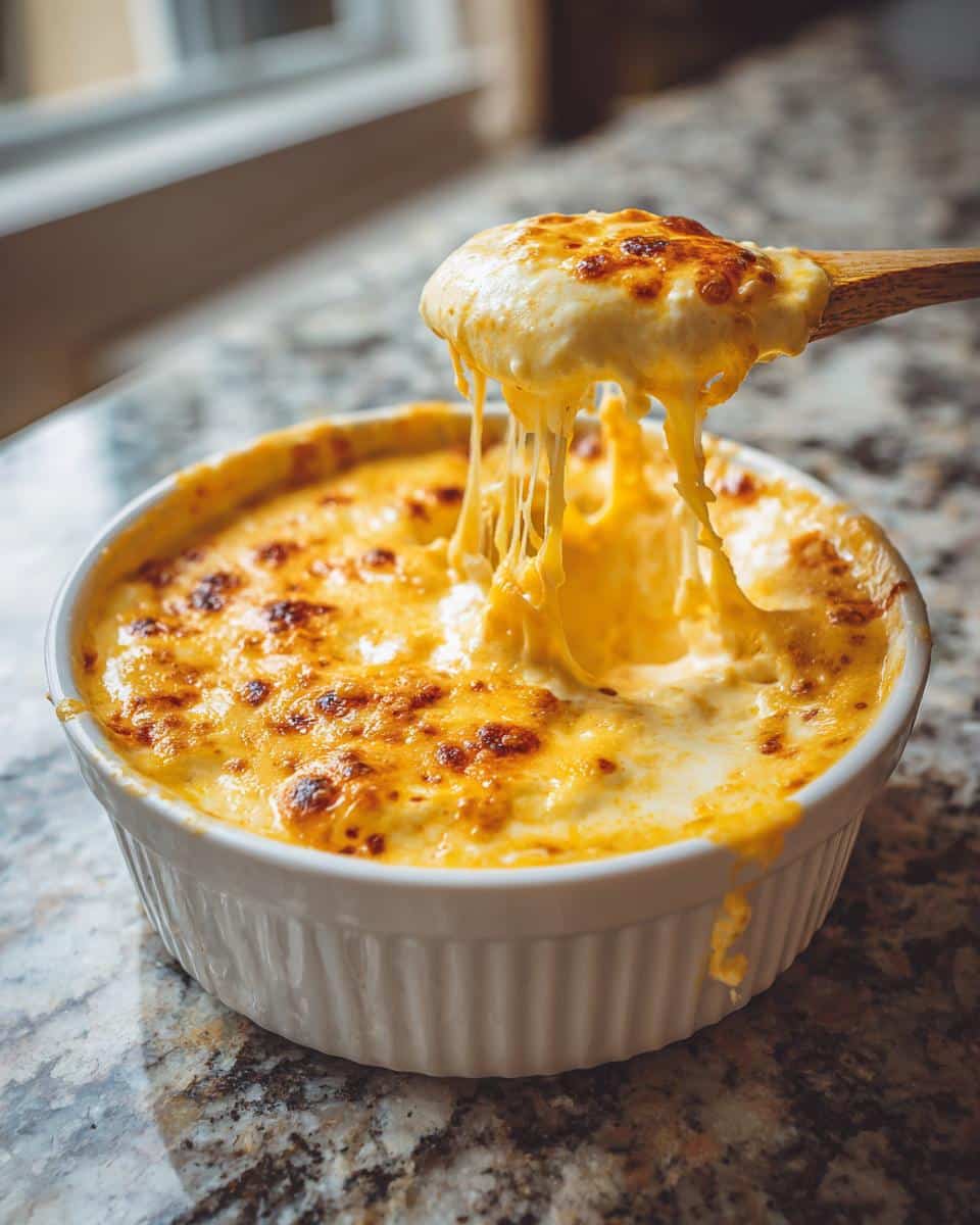 A spoonful lifting out gooey, melted cheese from a bubbling Black Magic Cheese Dip.