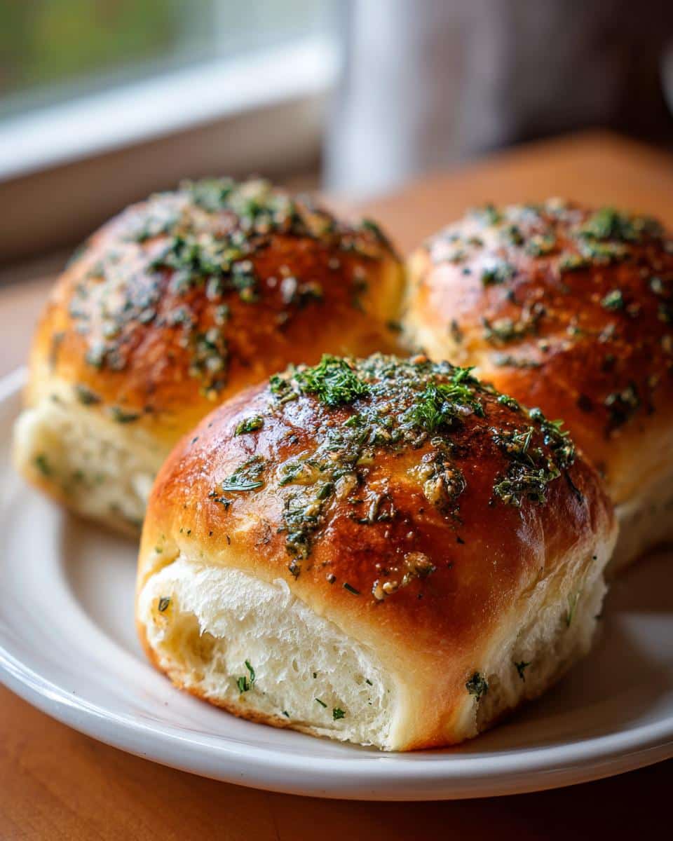 Close-up of three golden-brown Brown Butter Herb Rolls topped with fresh herbs and glistening butter.