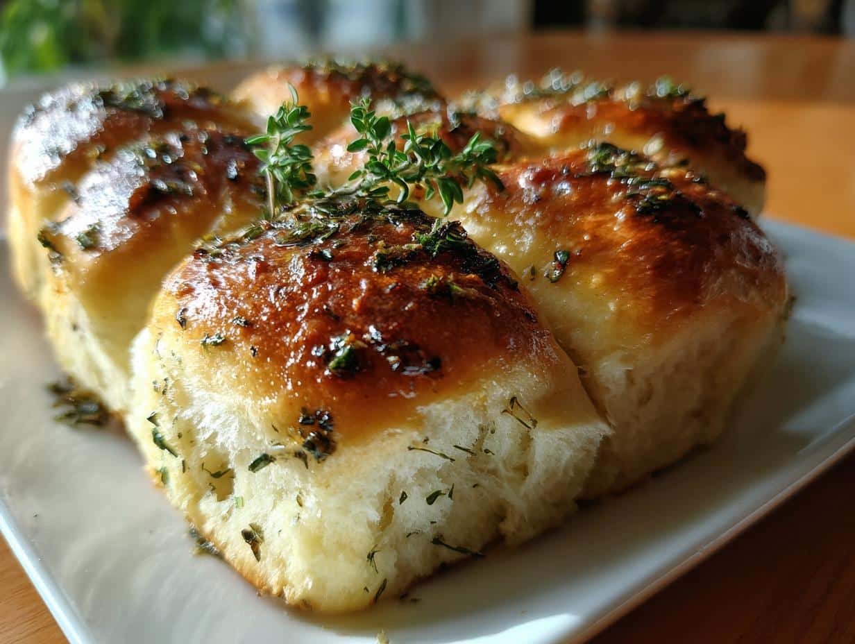 Close-up of golden brown butter herb rolls, glistening and topped with fresh herbs.