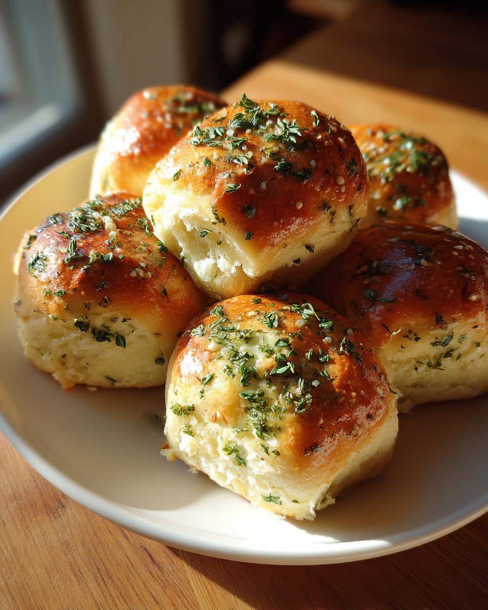A plate of freshly baked Brown Butter Herb Rolls, glistening and topped with chopped fresh herbs and a hint of sesame seeds.