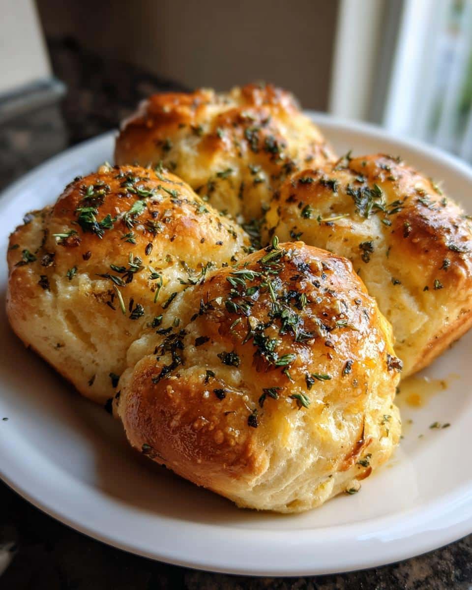 Close-up of four golden brown butter herb rolls on a white plate, glistening with butter and sprinkled with fresh herbs.