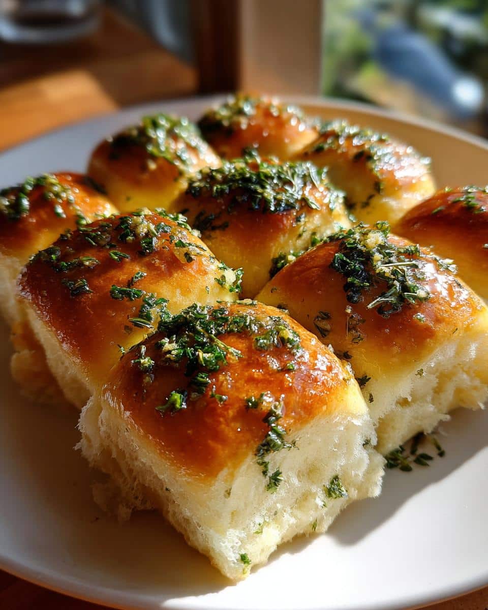 A close-up of golden brown butter herb rolls, glistening and topped with fresh green herbs.
