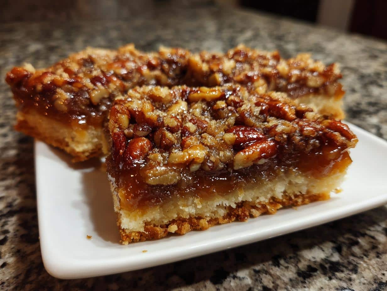 Close-up of two Brown Butter Pecan Pie Bars on a white plate, showing a thick pecan filling over a shortbread crust.