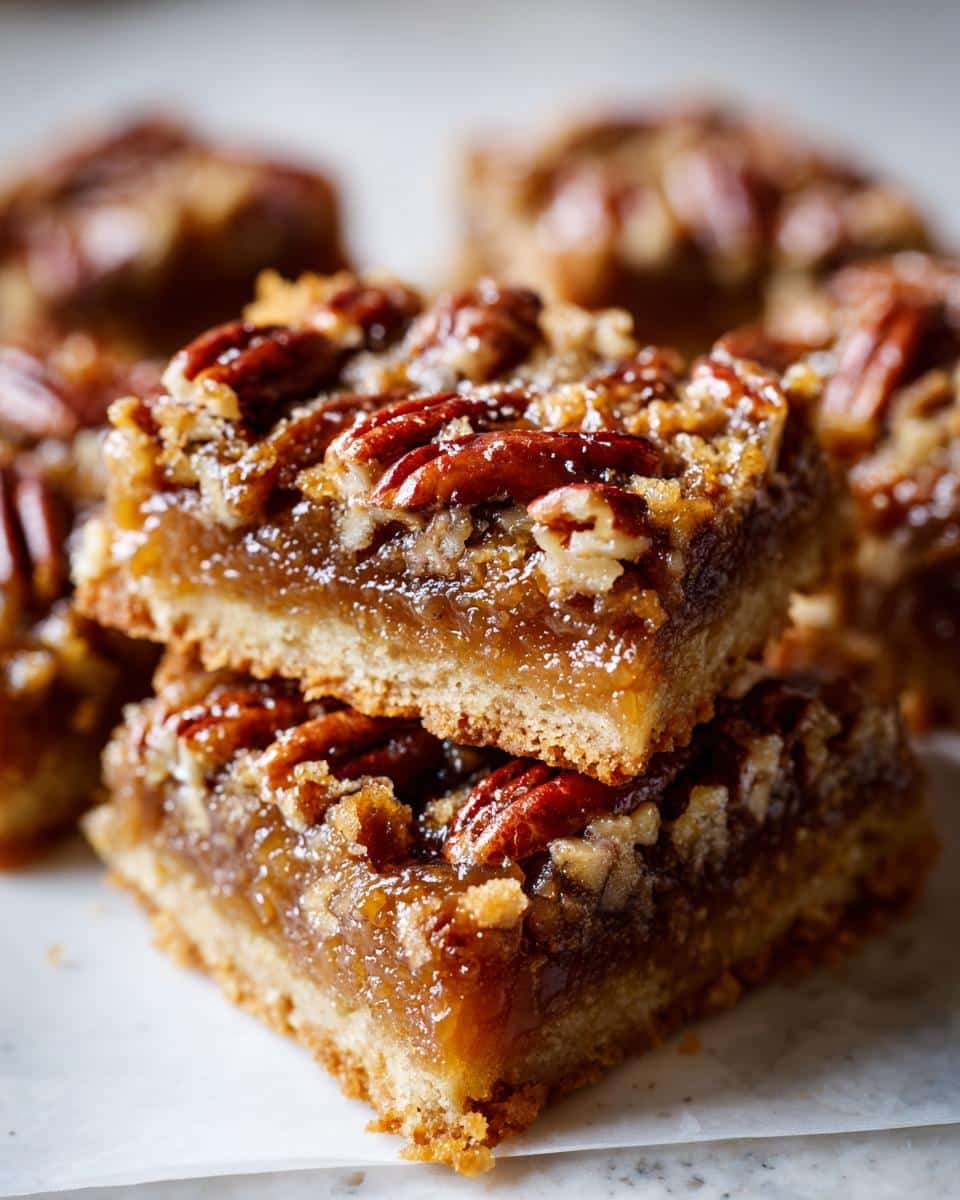 A close-up stack of delicious Brown Butter Pecan Pie Bars, showcasing the gooey filling and toasted pecans.
