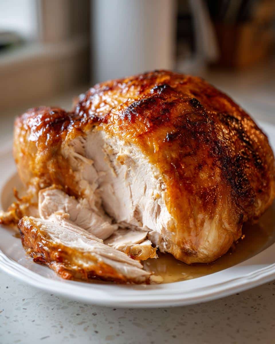 A perfectly roasted Buttermilk Brined Roast Turkey, sliced and glistening with juices on a white platter.