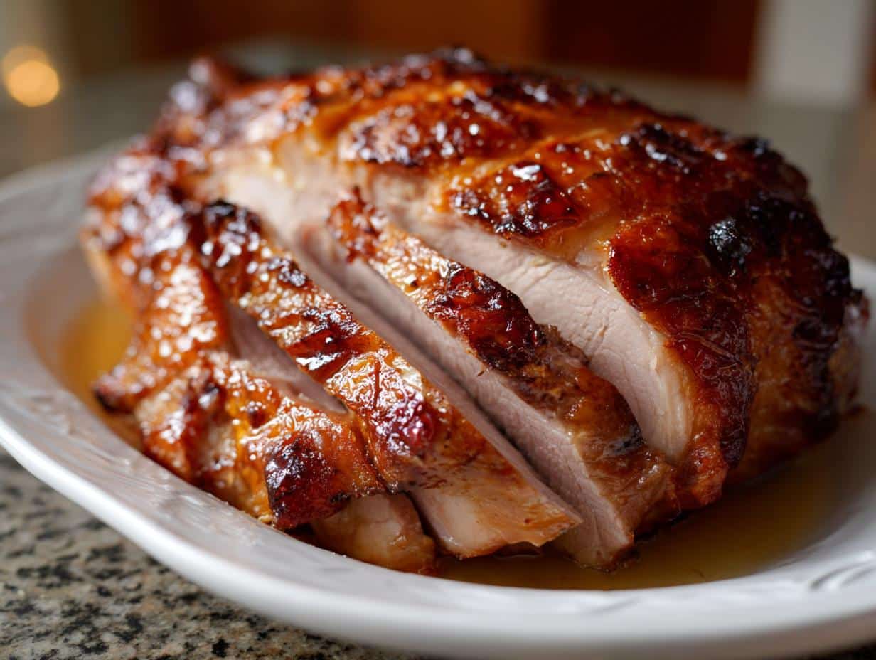 Close-up of sliced Buttermilk Brined Roast Turkey on a white platter, showcasing juicy meat and golden-brown skin.