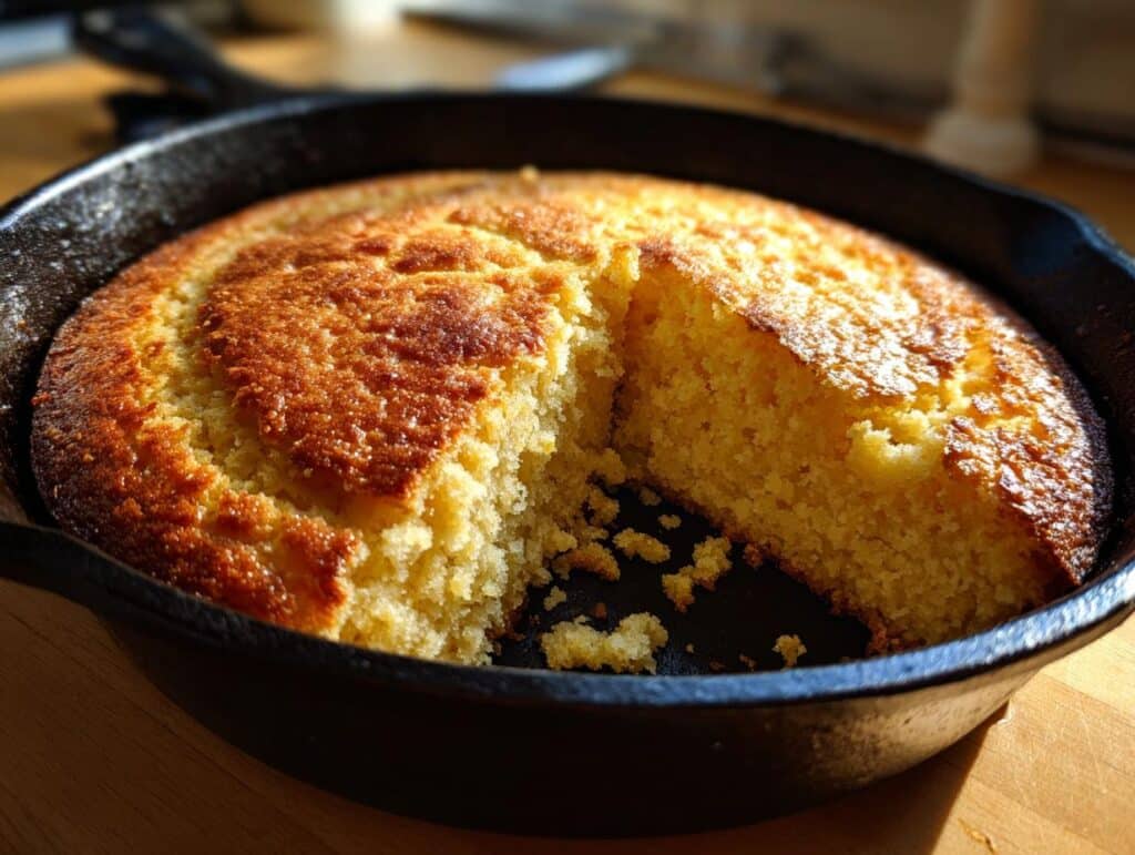 A golden-brown Buttermilk Skillet Cornbread with a slice removed, showcasing its fluffy texture.