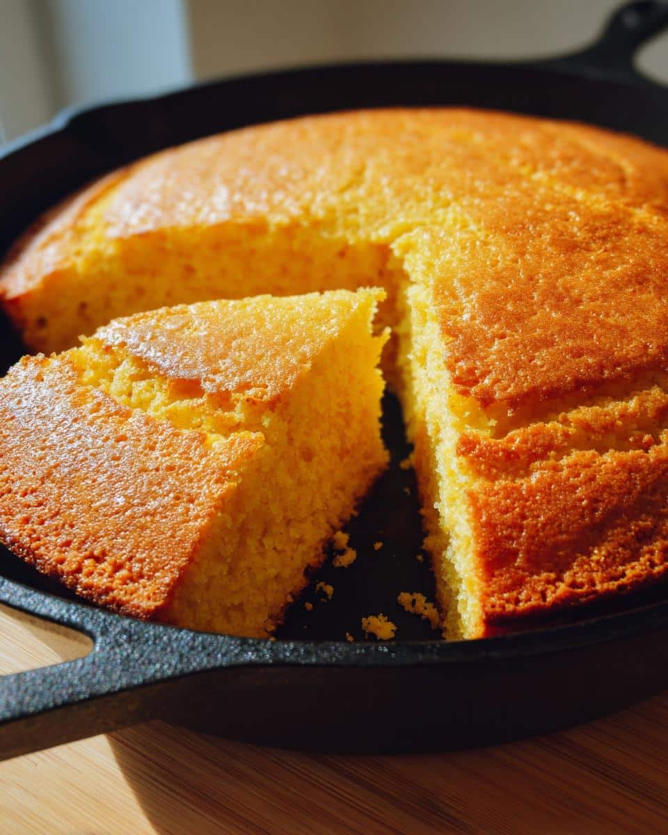 A slice of golden Buttermilk Skillet Cornbread being lifted from a cast iron skillet.