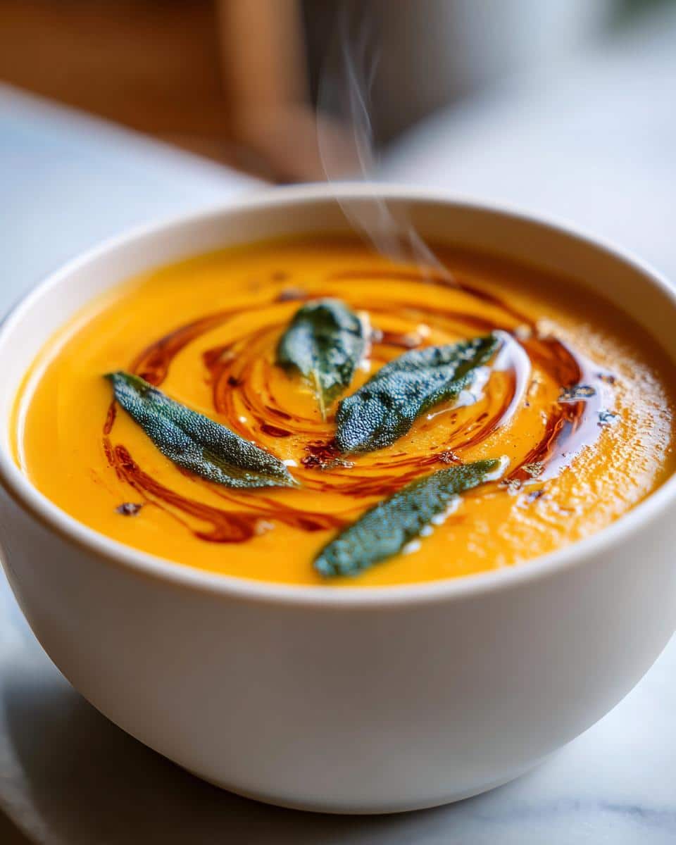 Creamy Butternut Squash Soup with Sage Brown Butter Magic 2 A steaming bowl of creamy Butternut Squash Soup with Sage Brown Butter, garnished with fried sage leaves.