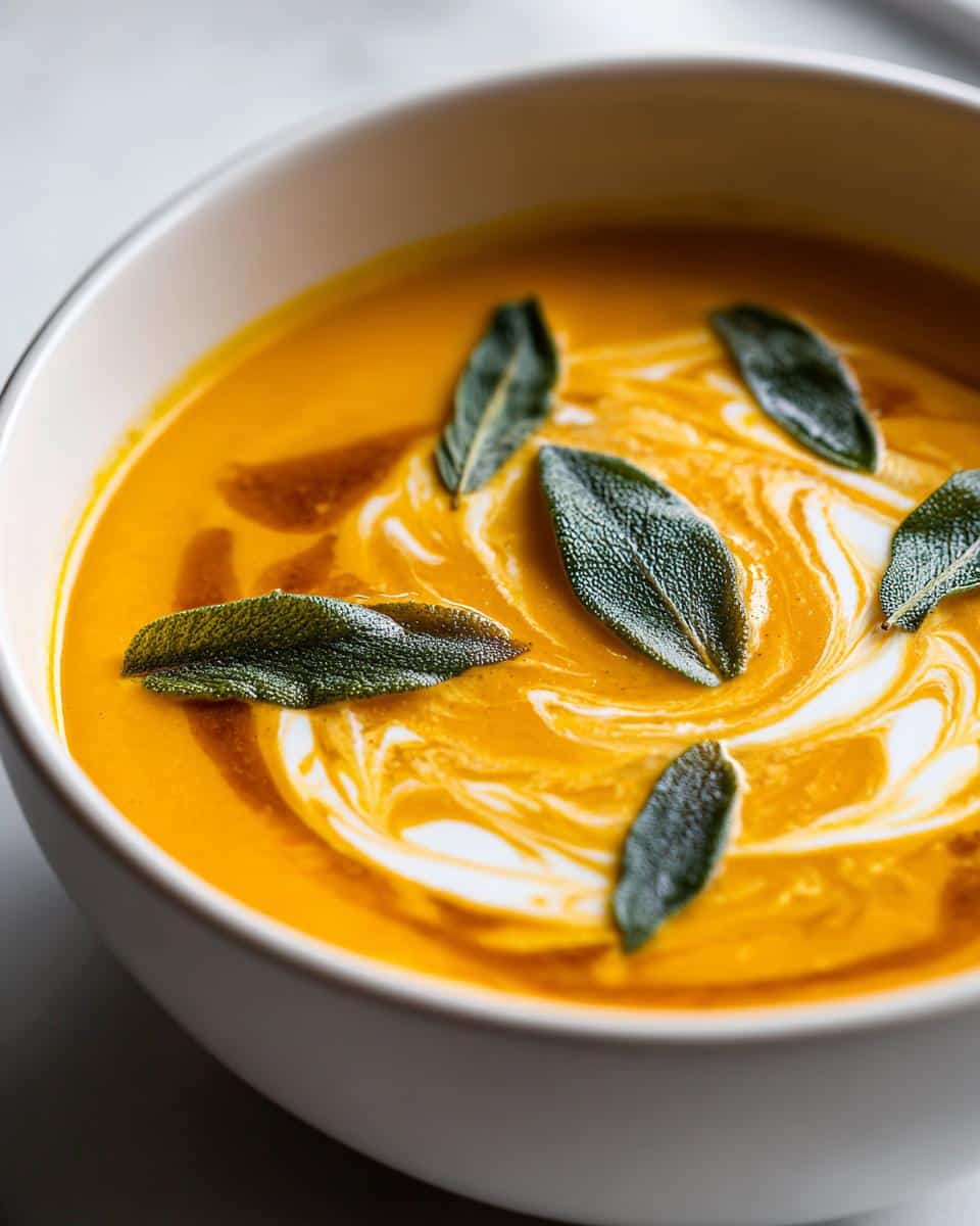 Creamy Butternut Squash Soup with Sage Brown Butter Magic 3 Close-up of creamy Butternut Squash Soup with Sage Brown Butter, swirled with cream and topped with sage leaves.