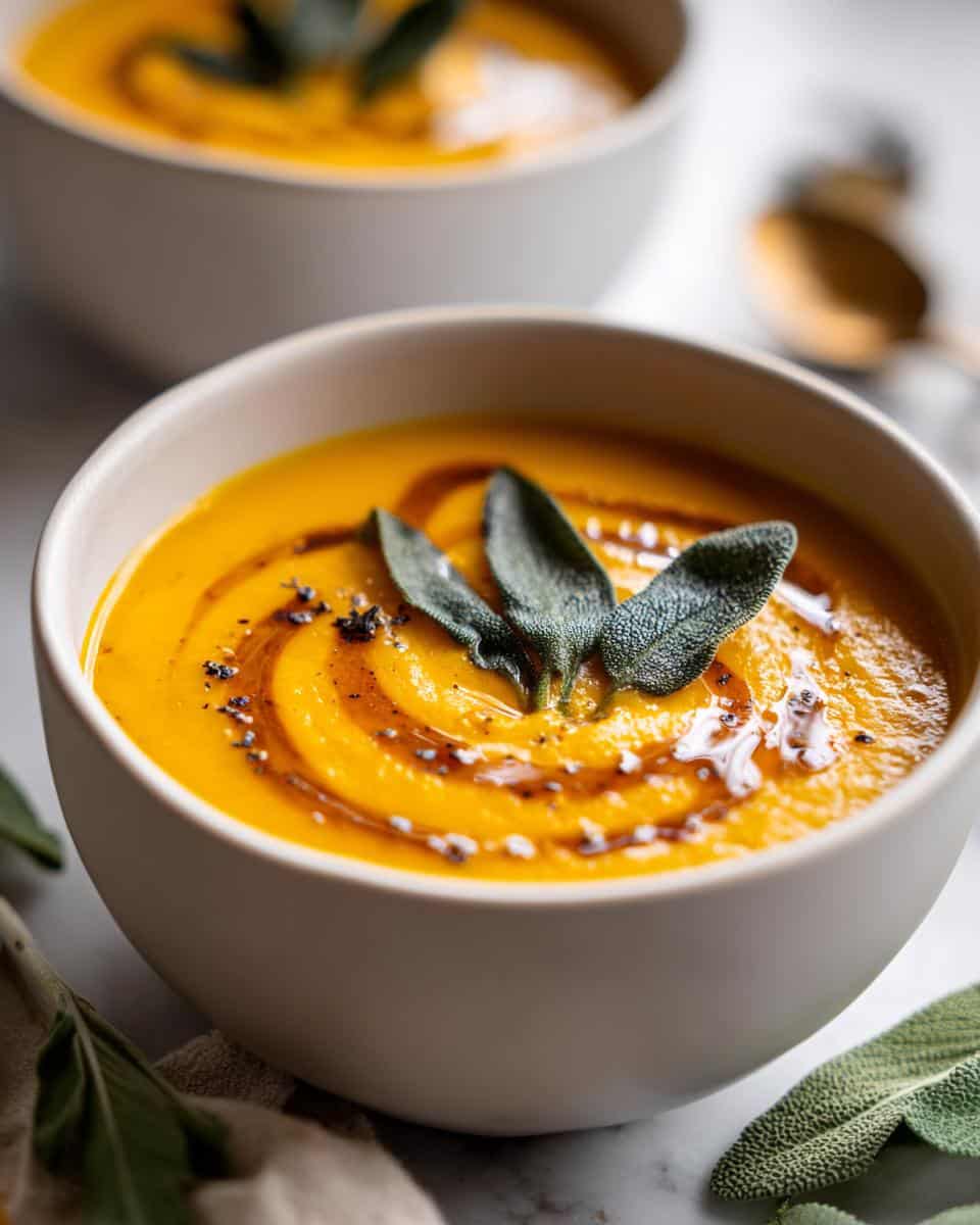 Creamy Butternut Squash Soup with Sage Brown Butter Magic 4 Close-up of a bowl of creamy butternut squash soup topped with sage brown butter and fresh sage leaves.