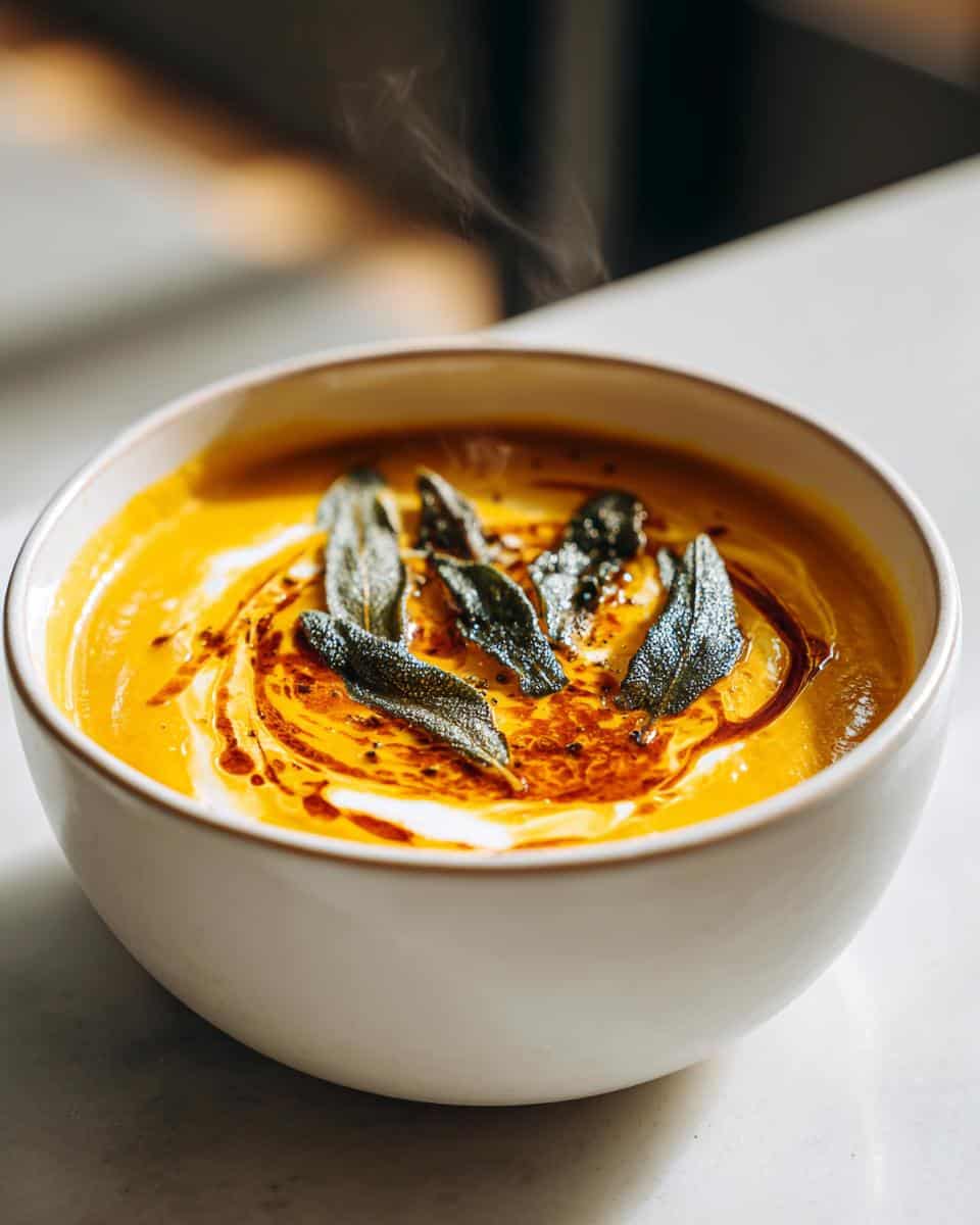Creamy Butternut Squash Soup with Sage Brown Butter Magic 5 A bowl of creamy butternut squash soup topped with swirls of cream, chili oil, and crispy sage leaves.