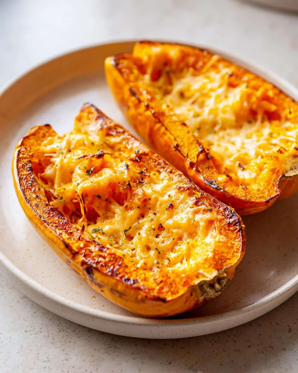 Cheddar Cheese Pumpkin Board – Easy & Delicious 5 Two halves of a baked pumpkin filled with melted cheddar cheese and herbs, part of a Cheddar Cheese Pumpkin Board.