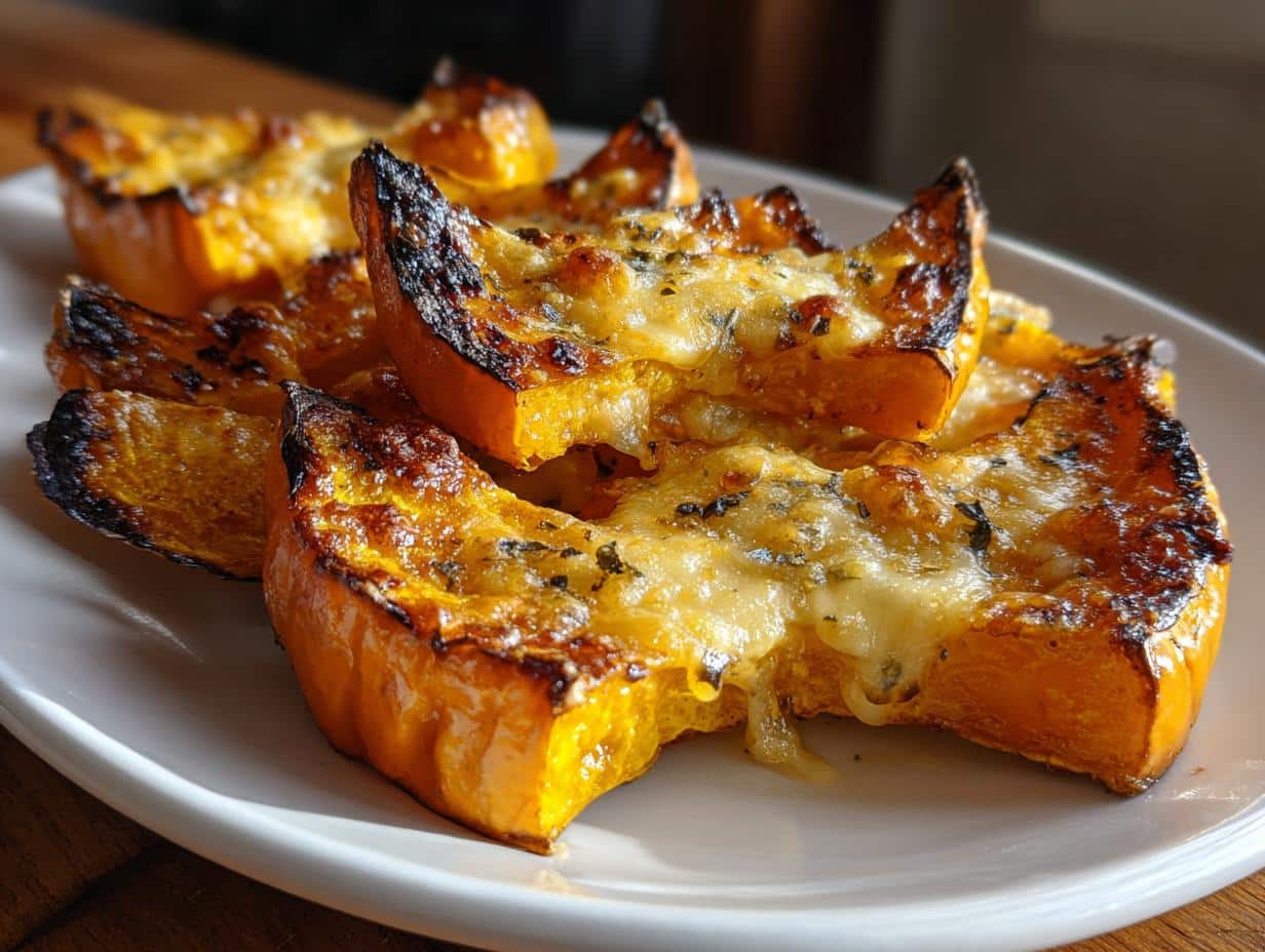 Cheddar Cheese Pumpkin Board – Easy & Delicious 1 Close-up of roasted pumpkin slices topped with melted cheddar cheese and herbs, part of a Cheddar Cheese Pumpkin Board.