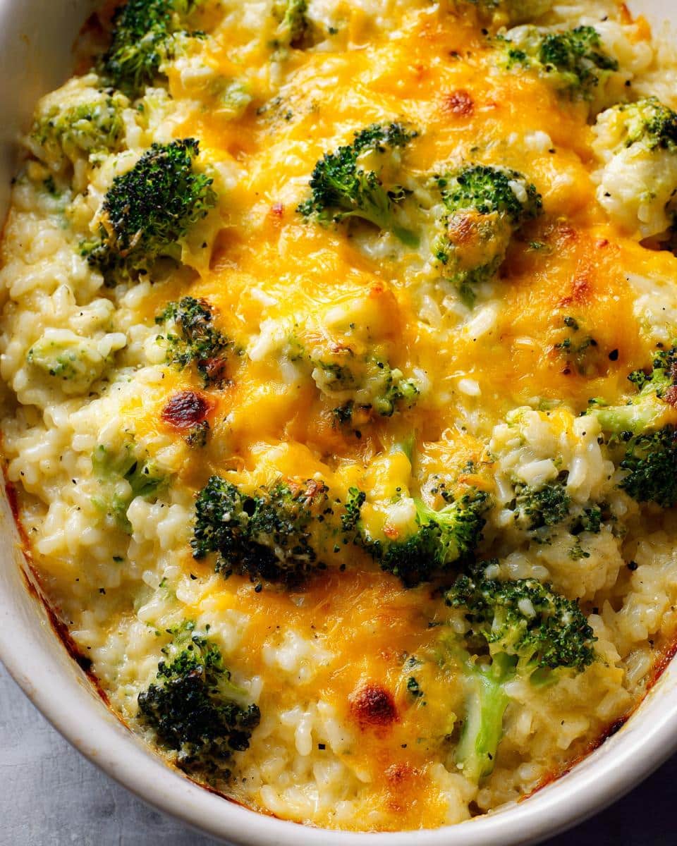 A close-up view of a bubbly Cheesy Broccoli Rice Casserole, with melted cheese and tender broccoli florets.
