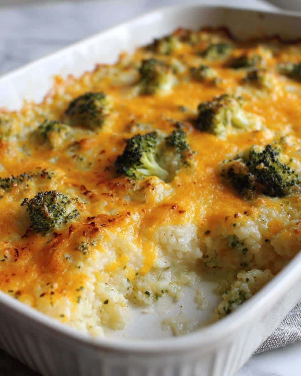 A close-up of a Cheesy Broccoli Rice Casserole baked in a white dish, with melted cheddar cheese and broccoli florets.
