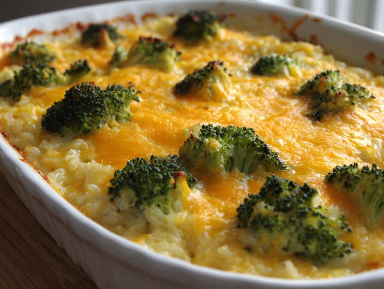 A close-up view of a bubbling Cheesy Broccoli Rice Casserole, topped with melted cheddar cheese and fresh broccoli florets.
