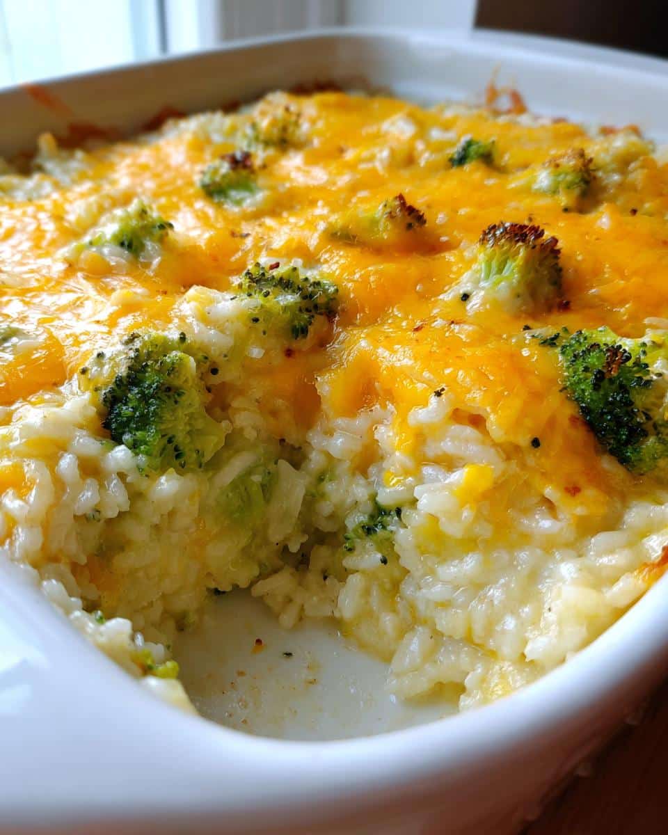 A close-up of a Cheesy Broccoli Rice Casserole in a white baking dish, topped with melted cheddar cheese and broccoli florets.