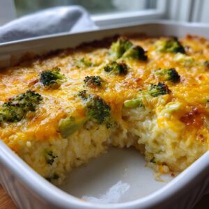 A close-up of a Cheesy Broccoli Rice Casserole in a white baking dish, with a scoop removed.