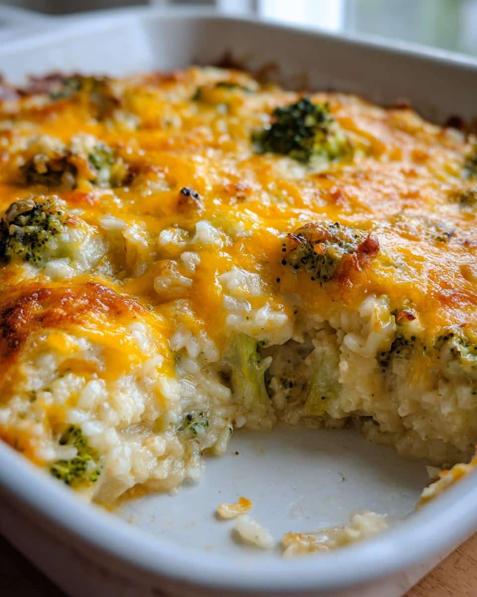 A close-up of a freshly baked Cheesy Broccoli Rice Casserole, with melted golden cheese and visible broccoli florets.