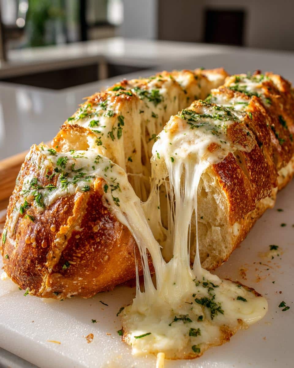 Close-up of a loaf of Cheesy Garlic Bread, with melted cheese oozing out and sprinkled with parsley.