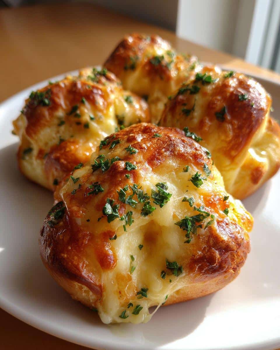 Close-up of a golden-brown Cheesy Garlic Knot with melted cheese oozing out and sprinkled with parsley.