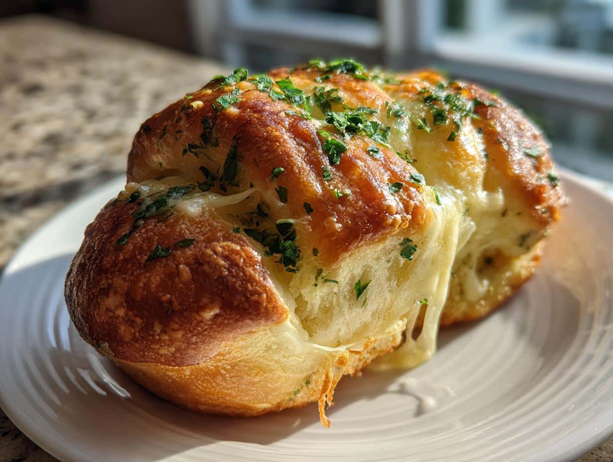 Close-up of a golden-brown cheesy garlic knot with melted mozzarella cheese oozing out, sprinkled with fresh parsley.
