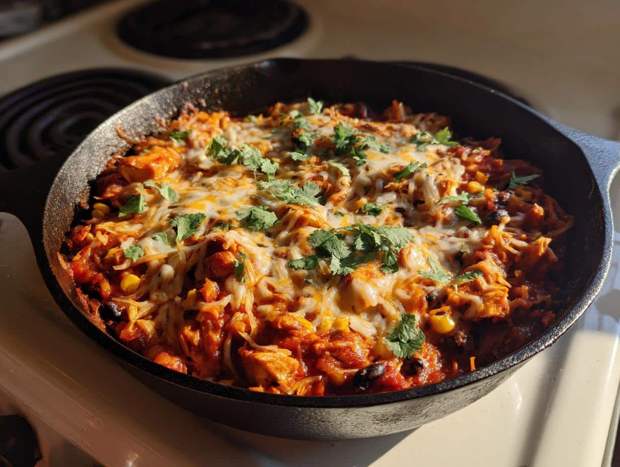A close-up of a cast iron skillet filled with a cheesy Chicken Enchilada Skillet, topped with fresh cilantro.